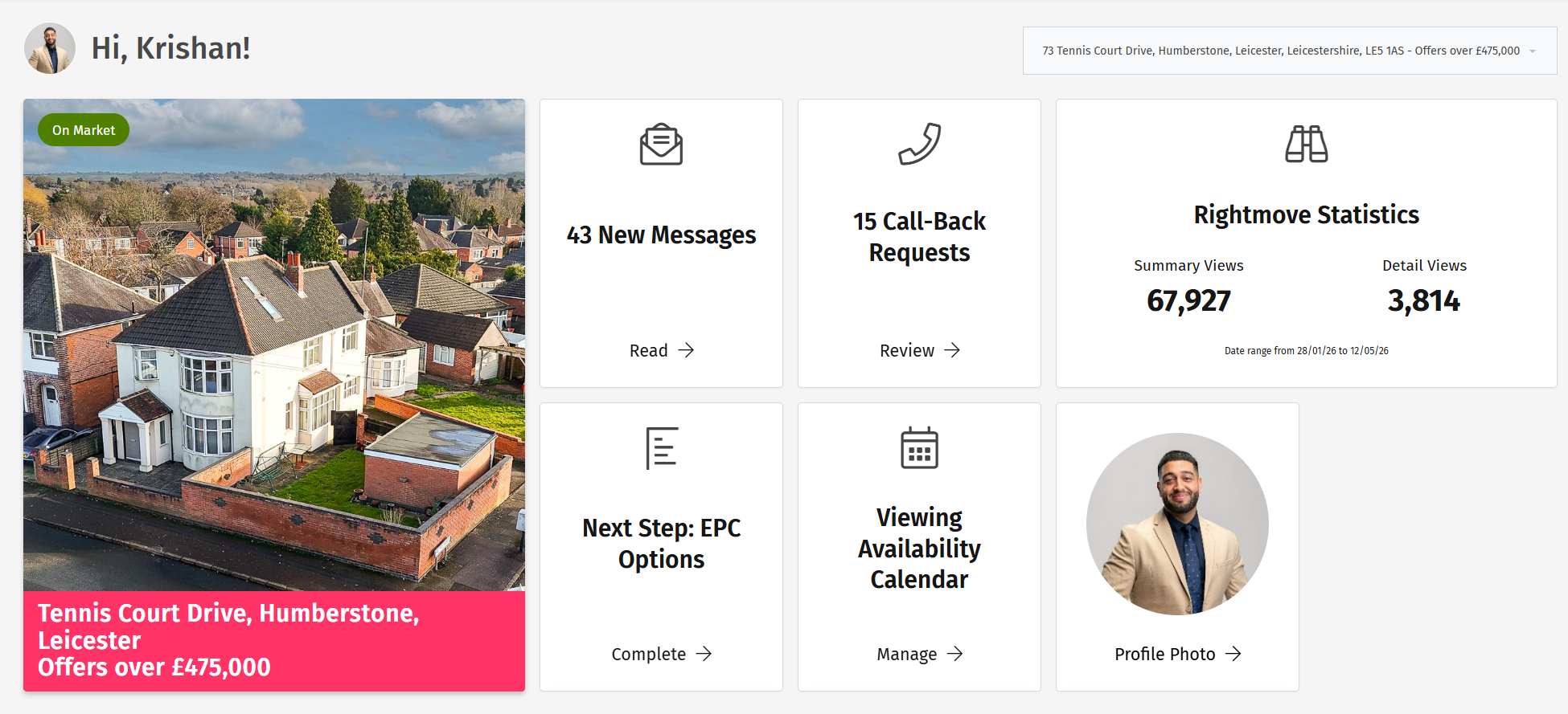 Krishan's Agreed associate dashboard, active listing at 73 Tennis Court Drive, Humberstone with enquiries, callbacks and Rightmove portal stats.