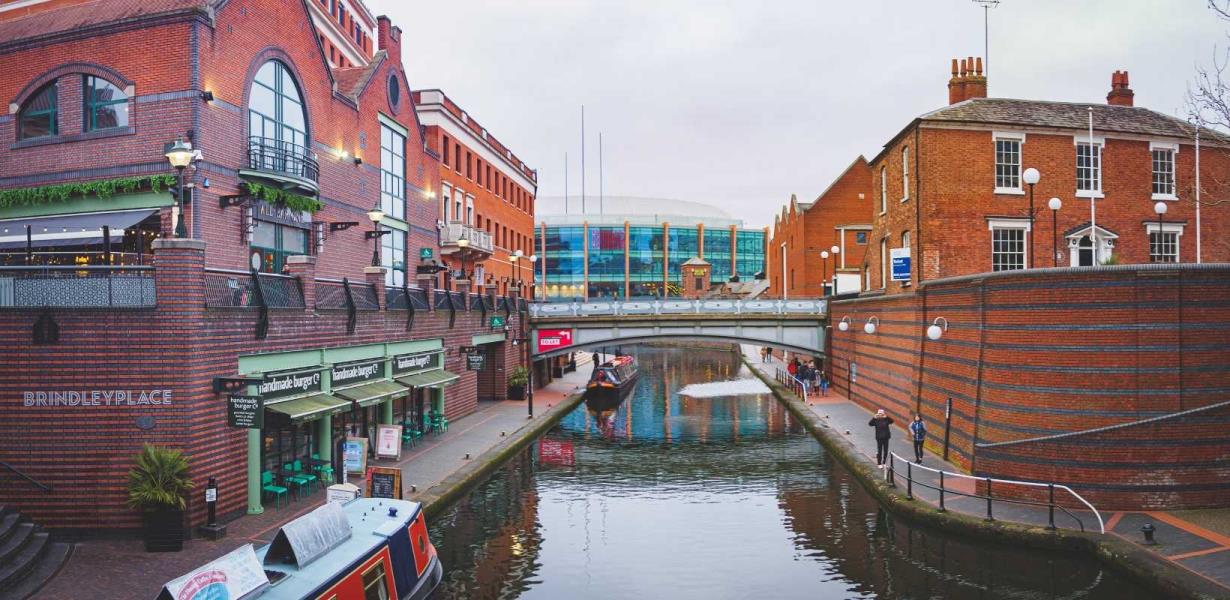 A spotlight on Brindleyplace, Birmingham UK.